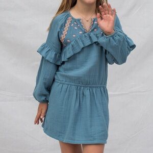 Tea Collection Ruffled Embroidered Dress Blue Gauze NWT